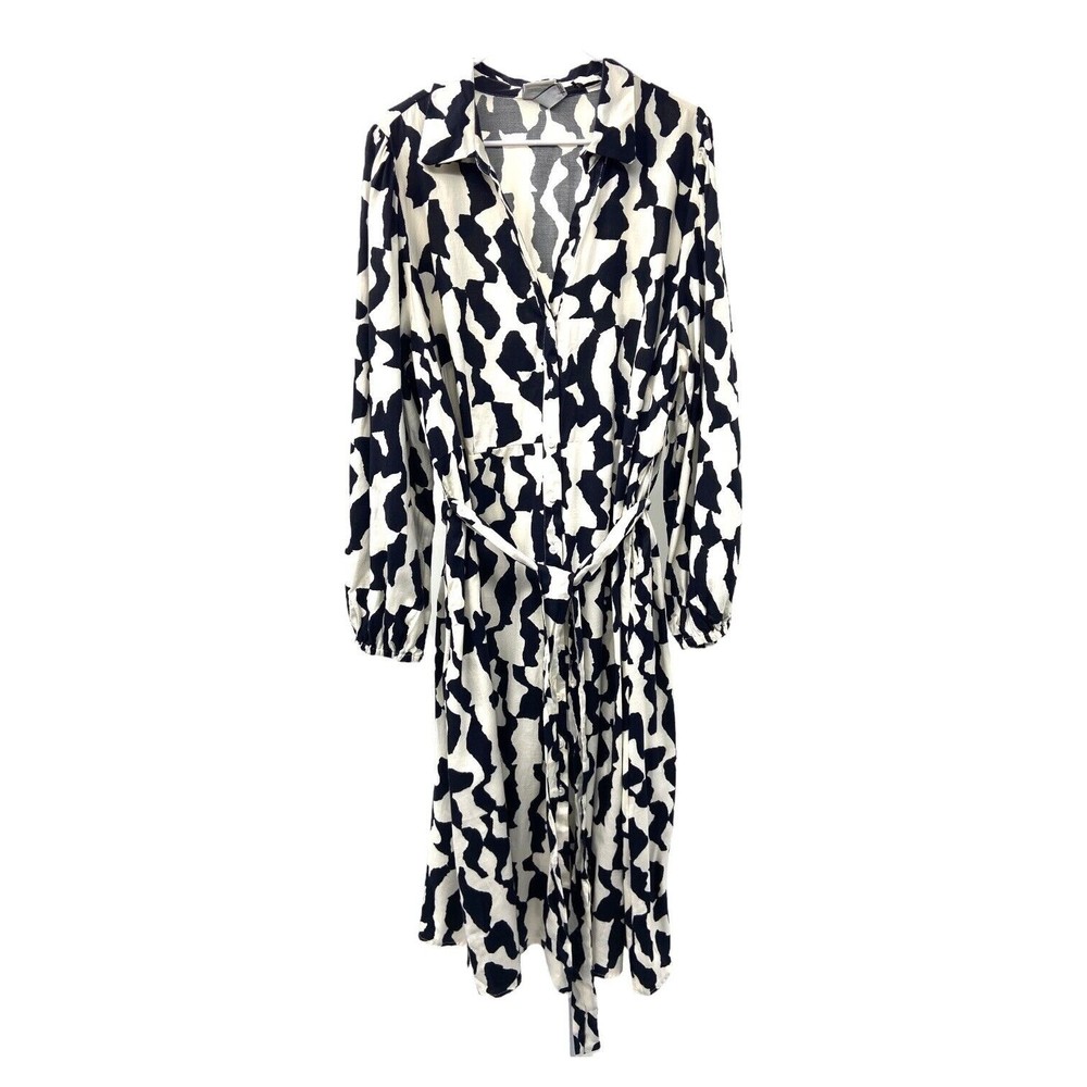 Ava & Viv Womens Shirt Dress 2X Black Cream V-Neck Balloon Sleeve Tie Belt 133